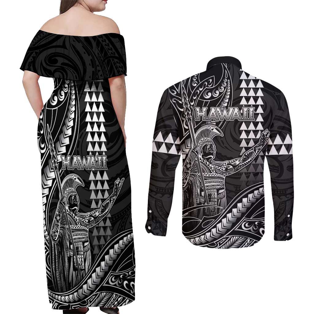 Hawaii King Kamehameha The Great Couples Matching Off Shoulder Maxi Dress and Long Sleeve Button Shirt Black Tribal Tattoo