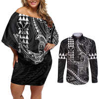 Hawaii King Kamehameha The Great Couples Matching Off Shoulder Short Dress and Long Sleeve Button Shirt Black Tribal Tattoo
