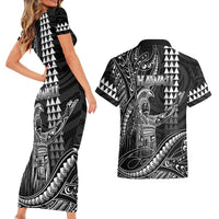 Hawaii King Kamehameha The Great Couples Matching Short Sleeve Bodycon Dress and Hawaiian Shirt Black Tribal Tattoo