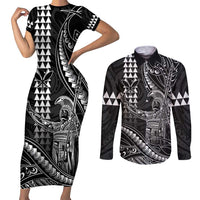 Hawaii King Kamehameha The Great Couples Matching Short Sleeve Bodycon Dress and Long Sleeve Button Shirt Black Tribal Tattoo