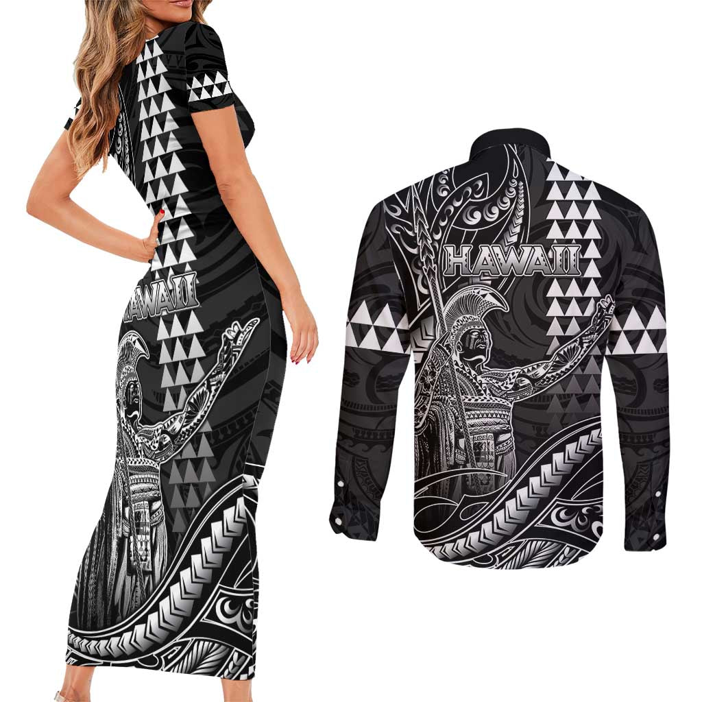 Hawaii King Kamehameha The Great Couples Matching Short Sleeve Bodycon Dress and Long Sleeve Button Shirt Black Tribal Tattoo