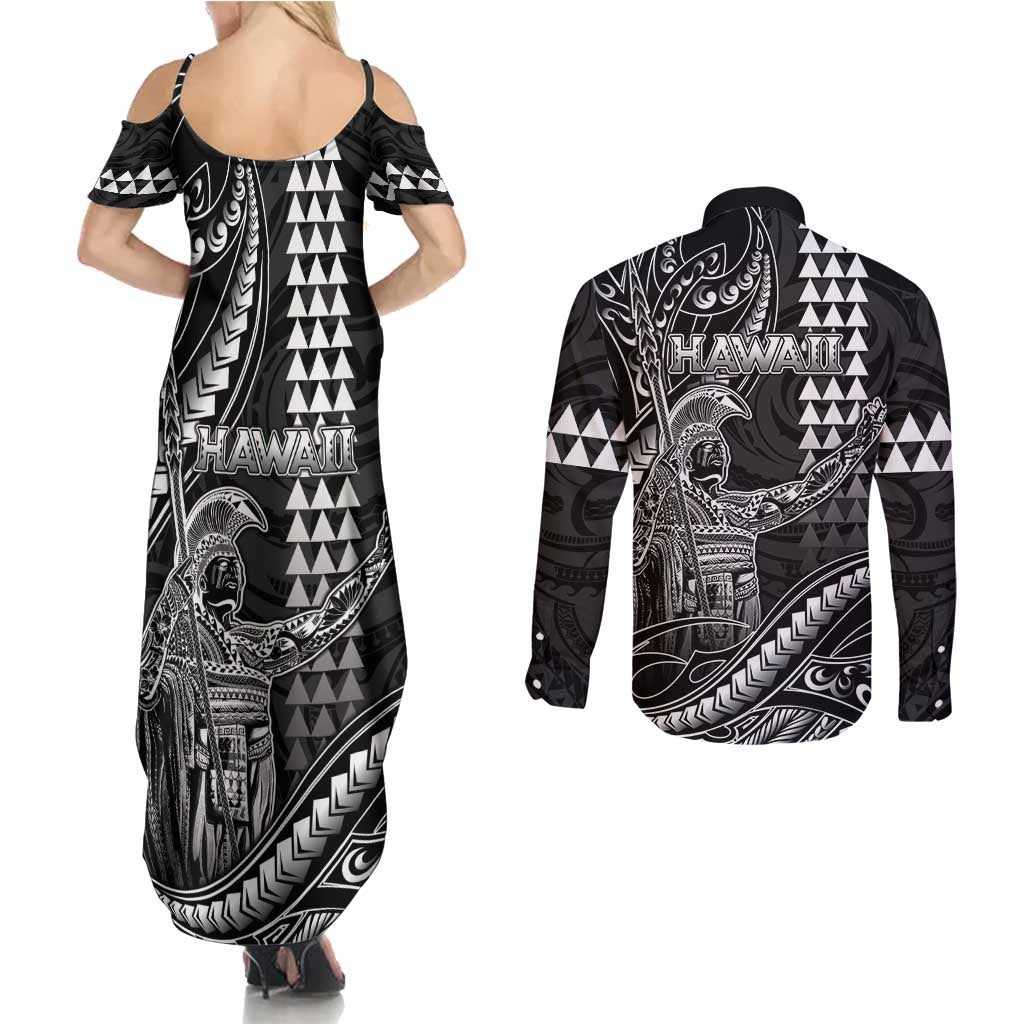 Hawaii King Kamehameha The Great Couples Matching Summer Maxi Dress and Long Sleeve Button Shirt Black Tribal Tattoo