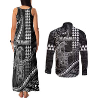 Hawaii King Kamehameha The Great Couples Matching Tank Maxi Dress and Long Sleeve Button Shirt Black Tribal Tattoo