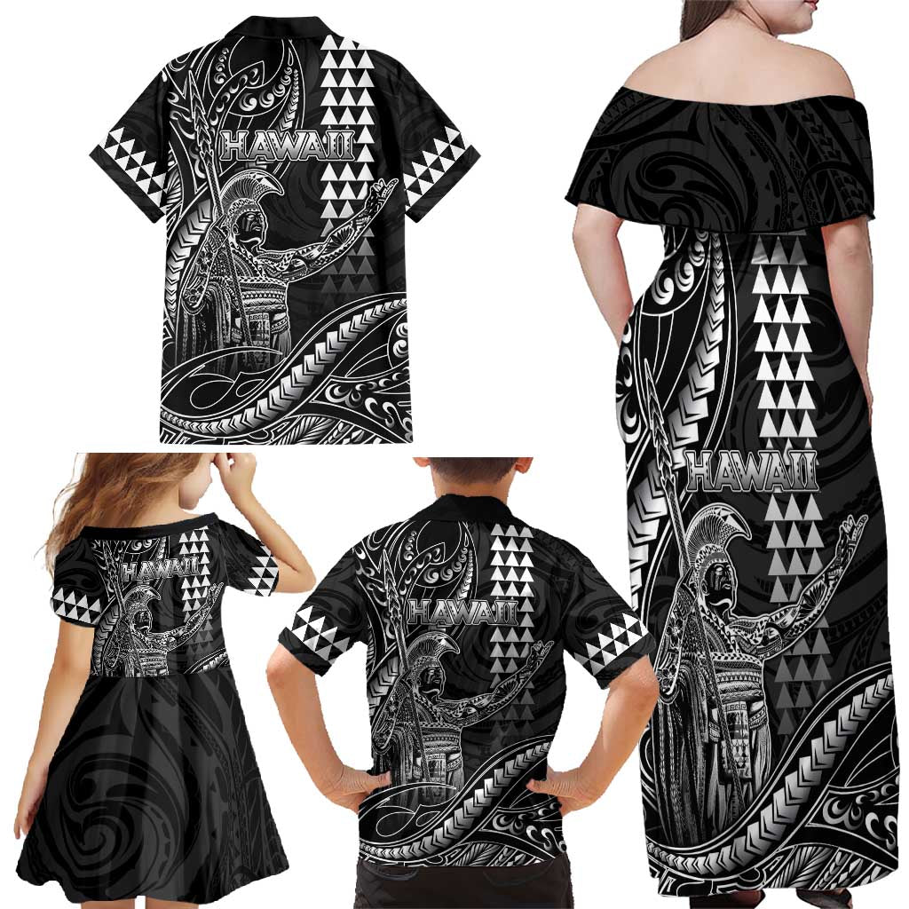 Hawaii King Kamehameha The Great Family Matching Off Shoulder Maxi Dress and Hawaiian Shirt Black Tribal Tattoo