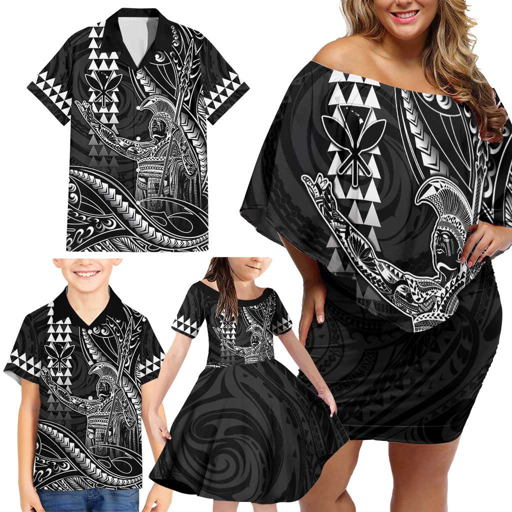 Hawaii King Kamehameha The Great Family Matching Off Shoulder Short Dress and Hawaiian Shirt Black Tribal Tattoo