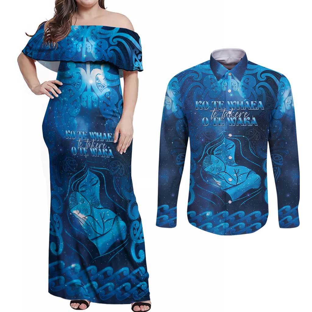 Personalised New Zealand Mother's Day Couples Matching Off Shoulder Maxi Dress and Long Sleeve Button Shirt Ko Te Whaea Te Takere O Te Waka LT05 Blue - Polynesian Pride