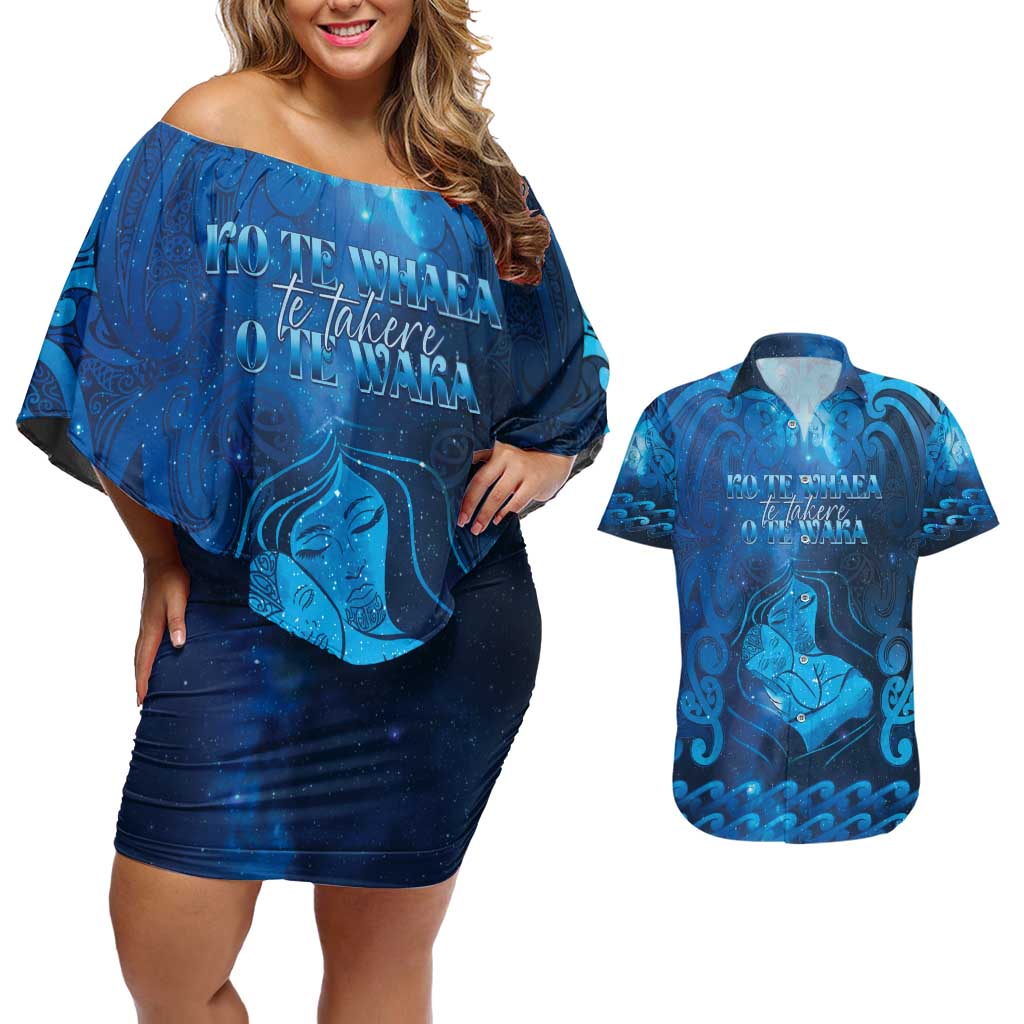 Personalised New Zealand Mother's Day Couples Matching Off Shoulder Short Dress and Hawaiian Shirt Ko Te Whaea Te Takere O Te Waka LT05 Blue - Polynesian Pride