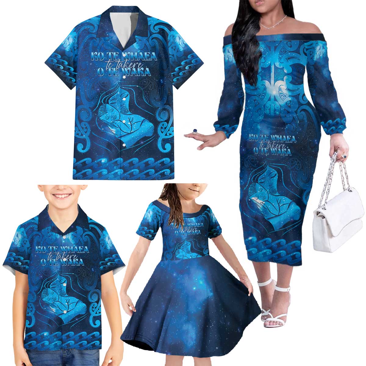 Personalised New Zealand Mother's Day Family Matching Off The Shoulder Long Sleeve Dress and Hawaiian Shirt Ko Te Whaea Te Takere O Te Waka