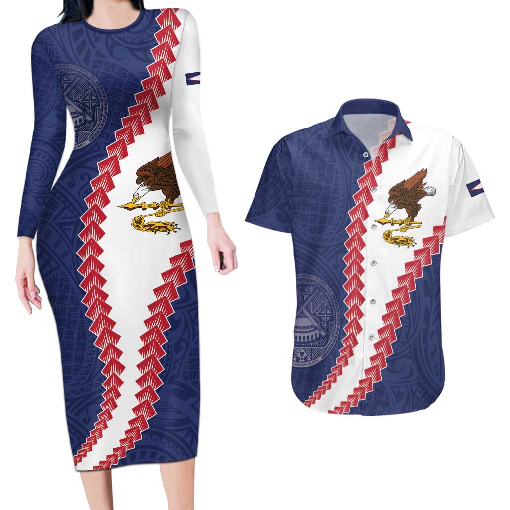 American Samoa Eagle Couples Matching Long Sleeve Bodycon Dress and Hawaiian Shirt Polynesian Tribal Pattern Curve Style LT05 Blue - Polynesian Pride
