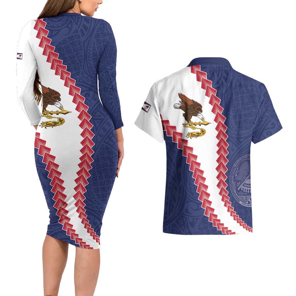 American Samoa Eagle Couples Matching Long Sleeve Bodycon Dress and Hawaiian Shirt Polynesian Tribal Pattern Curve Style LT05 - Polynesian Pride