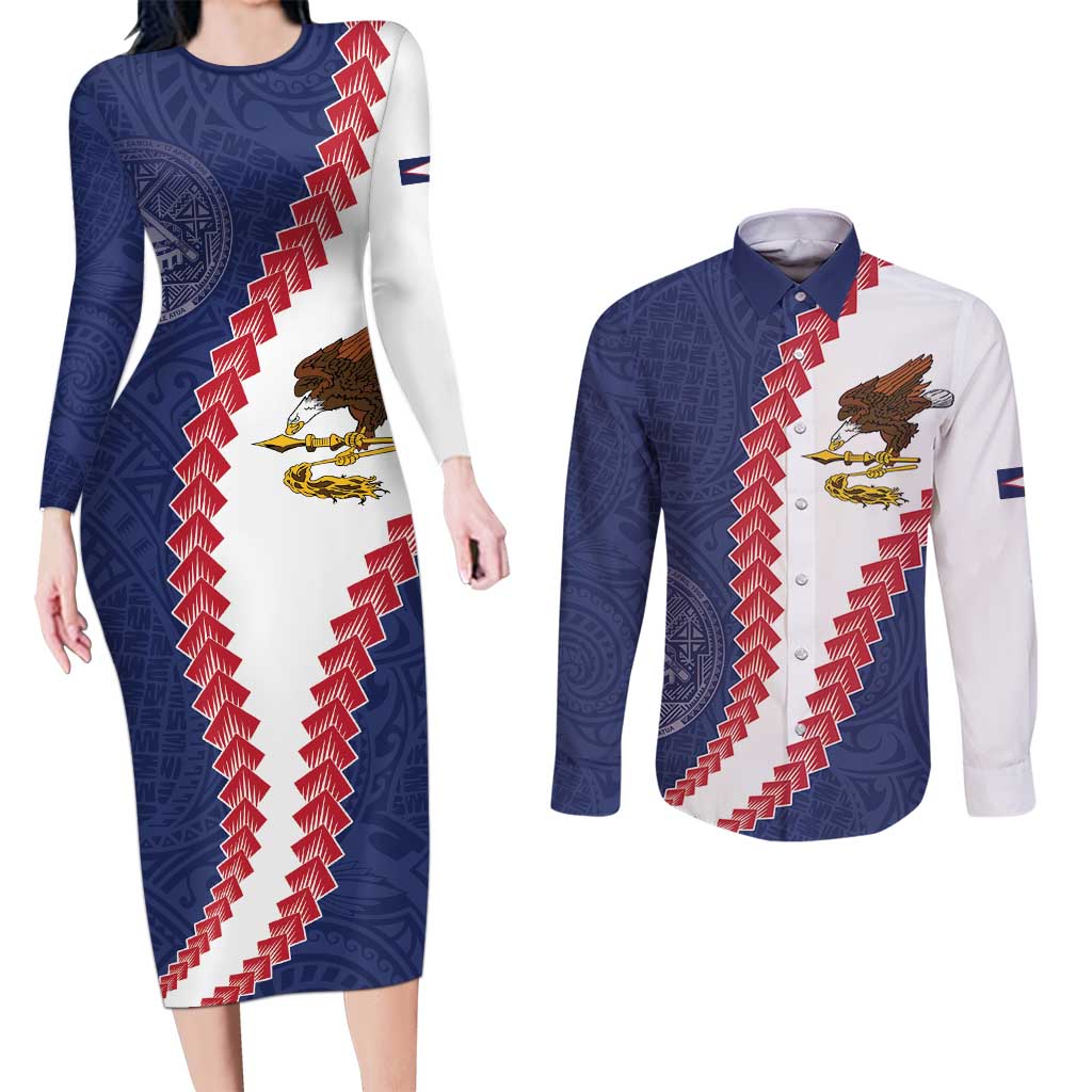 American Samoa Eagle Couples Matching Long Sleeve Bodycon Dress and Long Sleeve Button Shirt Polynesian Tribal Pattern Curve Style LT05 Blue - Polynesian Pride