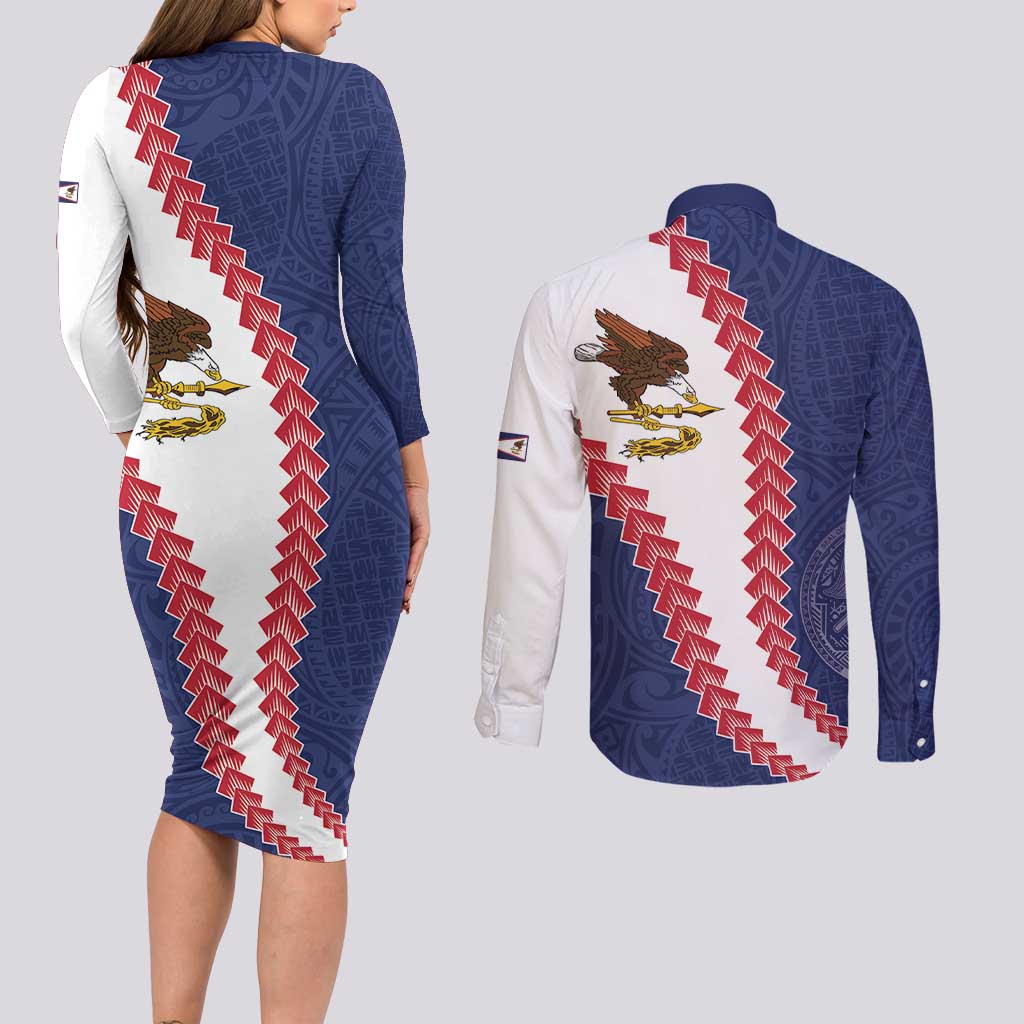 American Samoa Eagle Couples Matching Long Sleeve Bodycon Dress and Long Sleeve Button Shirt Polynesian Tribal Pattern Curve Style LT05 - Polynesian Pride