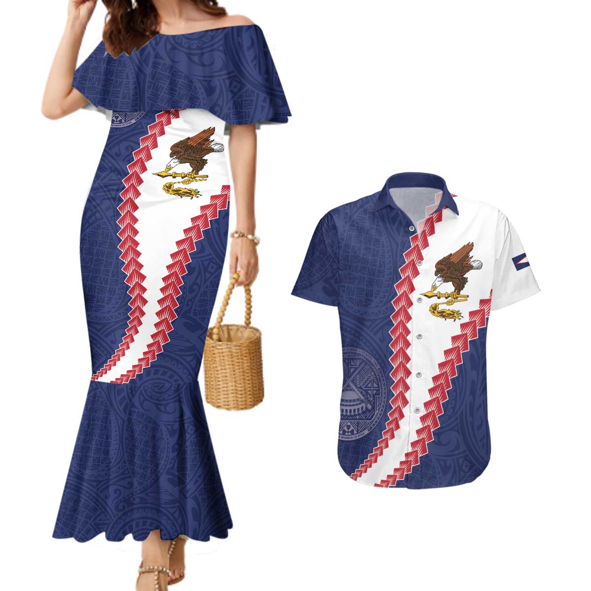 American Samoa Eagle Couples Matching Mermaid Dress and Hawaiian Shirt Polynesian Tribal Pattern Curve Style LT05 Blue - Polynesian Pride