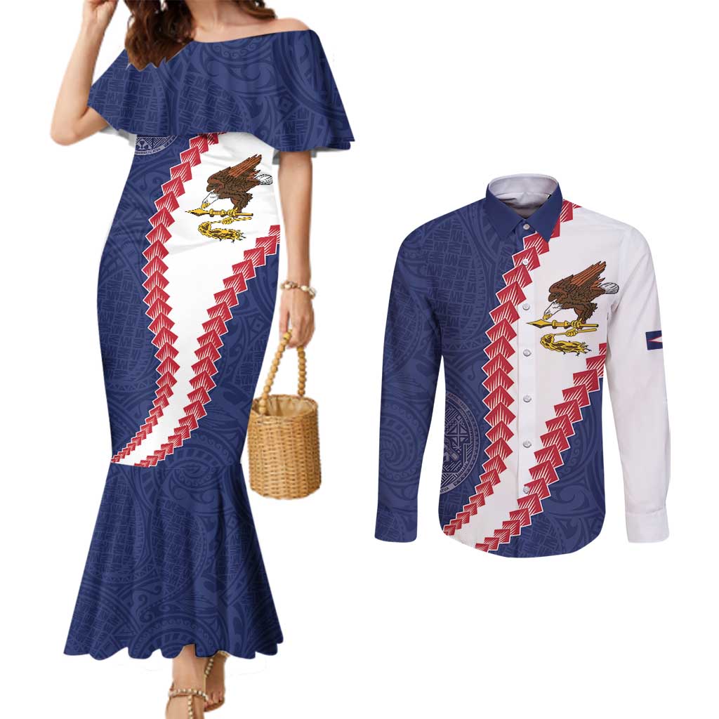 American Samoa Eagle Couples Matching Mermaid Dress and Long Sleeve Button Shirt Polynesian Tribal Pattern Curve Style LT05 Blue - Polynesian Pride