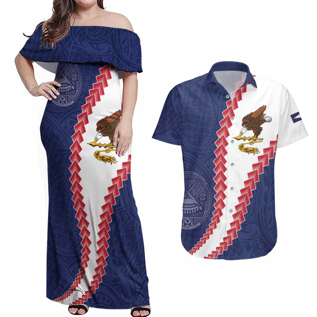 American Samoa Eagle Couples Matching Off Shoulder Maxi Dress and Hawaiian Shirt Polynesian Tribal Pattern Curve Style LT05 Blue - Polynesian Pride
