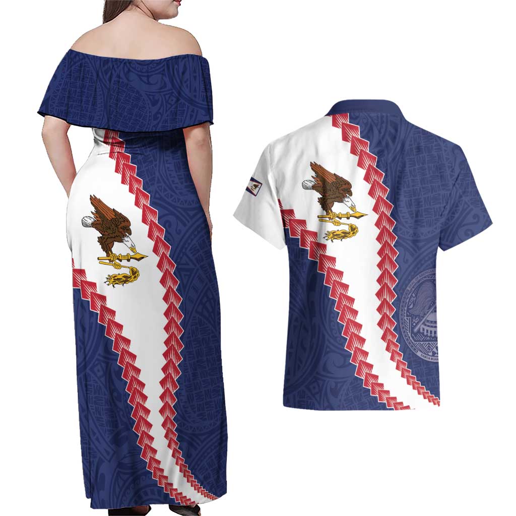 American Samoa Eagle Couples Matching Off Shoulder Maxi Dress and Hawaiian Shirt Polynesian Tribal Pattern Curve Style LT05 - Polynesian Pride