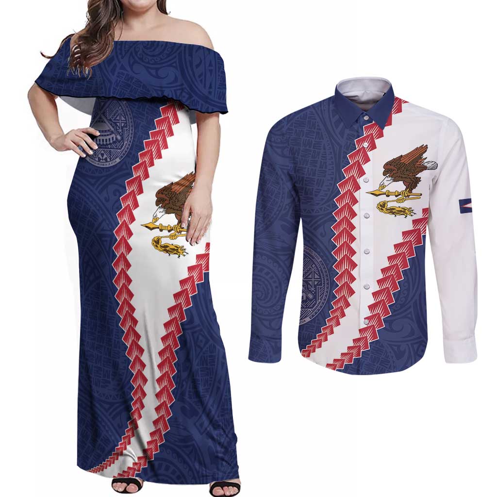 American Samoa Eagle Couples Matching Off Shoulder Maxi Dress and Long Sleeve Button Shirt Polynesian Tribal Pattern Curve Style LT05 Blue - Polynesian Pride