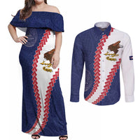 American Samoa Eagle Couples Matching Off Shoulder Maxi Dress and Long Sleeve Button Shirt Polynesian Tribal Pattern Curve Style LT05 Blue - Polynesian Pride
