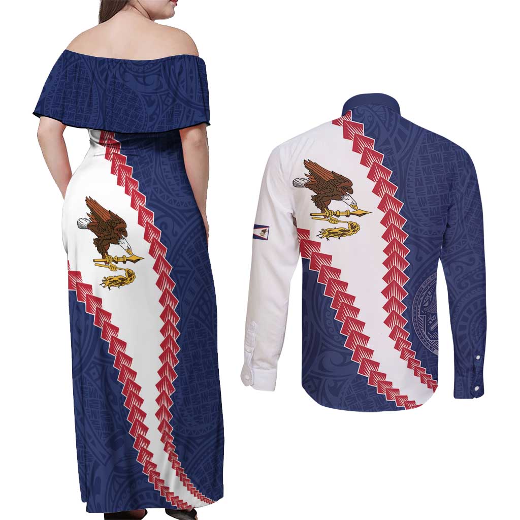 American Samoa Eagle Couples Matching Off Shoulder Maxi Dress and Long Sleeve Button Shirt Polynesian Tribal Pattern Curve Style LT05 - Polynesian Pride