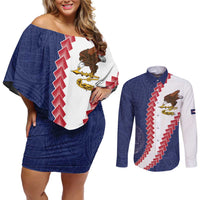 American Samoa Eagle Couples Matching Off Shoulder Short Dress and Long Sleeve Button Shirt Polynesian Tribal Pattern Curve Style LT05 Blue - Polynesian Pride