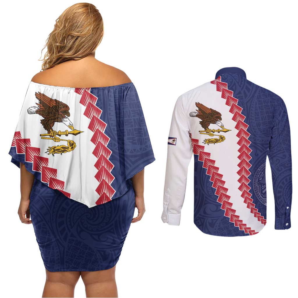 American Samoa Eagle Couples Matching Off Shoulder Short Dress and Long Sleeve Button Shirt Polynesian Tribal Pattern Curve Style LT05 - Polynesian Pride