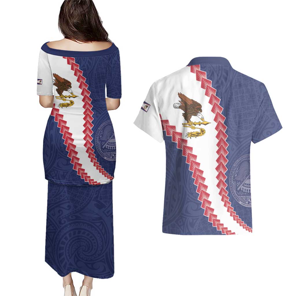 American Samoa Eagle Couples Matching Puletasi and Hawaiian Shirt Polynesian Tribal Pattern Curve Style LT05 - Polynesian Pride