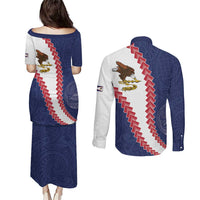 American Samoa Eagle Couples Matching Puletasi and Long Sleeve Button Shirt Polynesian Tribal Pattern Curve Style LT05 - Polynesian Pride
