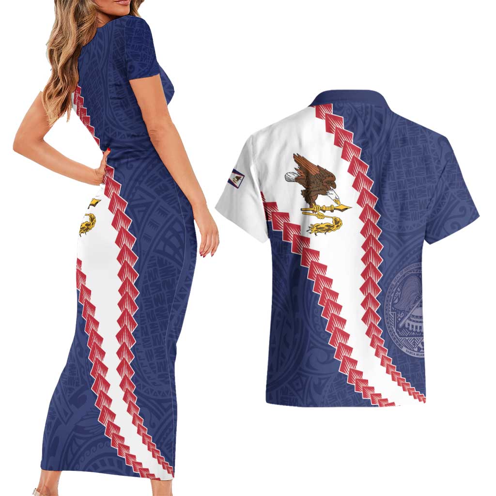 American Samoa Eagle Couples Matching Short Sleeve Bodycon Dress and Hawaiian Shirt Polynesian Tribal Pattern Curve Style LT05 - Polynesian Pride