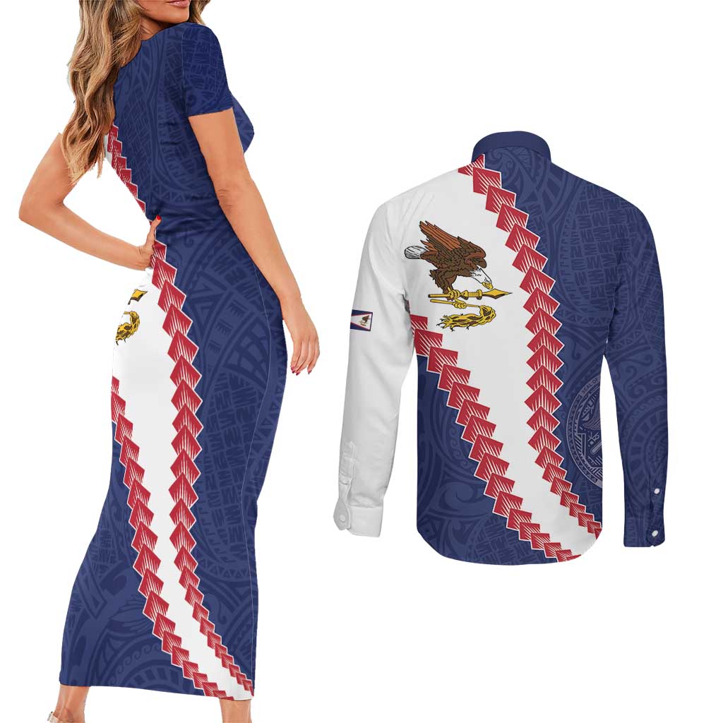 American Samoa Eagle Couples Matching Short Sleeve Bodycon Dress and Long Sleeve Button Shirt Polynesian Tribal Pattern Curve Style LT05 - Polynesian Pride