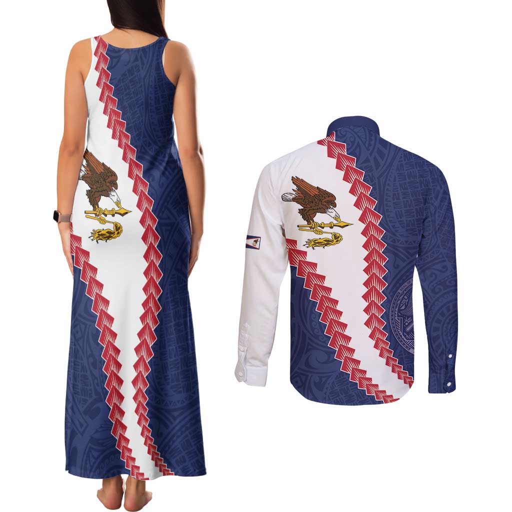 American Samoa Eagle Couples Matching Tank Maxi Dress and Long Sleeve Button Shirt Polynesian Tribal Pattern Curve Style LT05 - Polynesian Pride