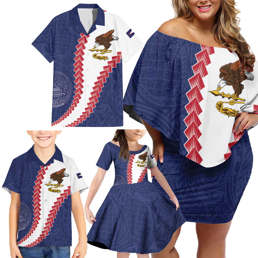 American Samoa Eagle Family Matching Off Shoulder Short Dress and Hawaiian Shirt Polynesian Tribal Pattern Curve Style LT05 - Polynesian Pride