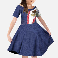 American Samoa Eagle Family Matching Puletasi and Hawaiian Shirt Polynesian Tribal Pattern Curve Style LT05 Daughter's Dress Blue - Polynesian Pride
