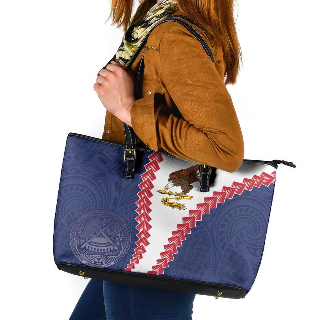 American Samoa Eagle Leather Tote Bag Polynesian Tribal Pattern Curve Style LT05 Blue - Polynesian Pride