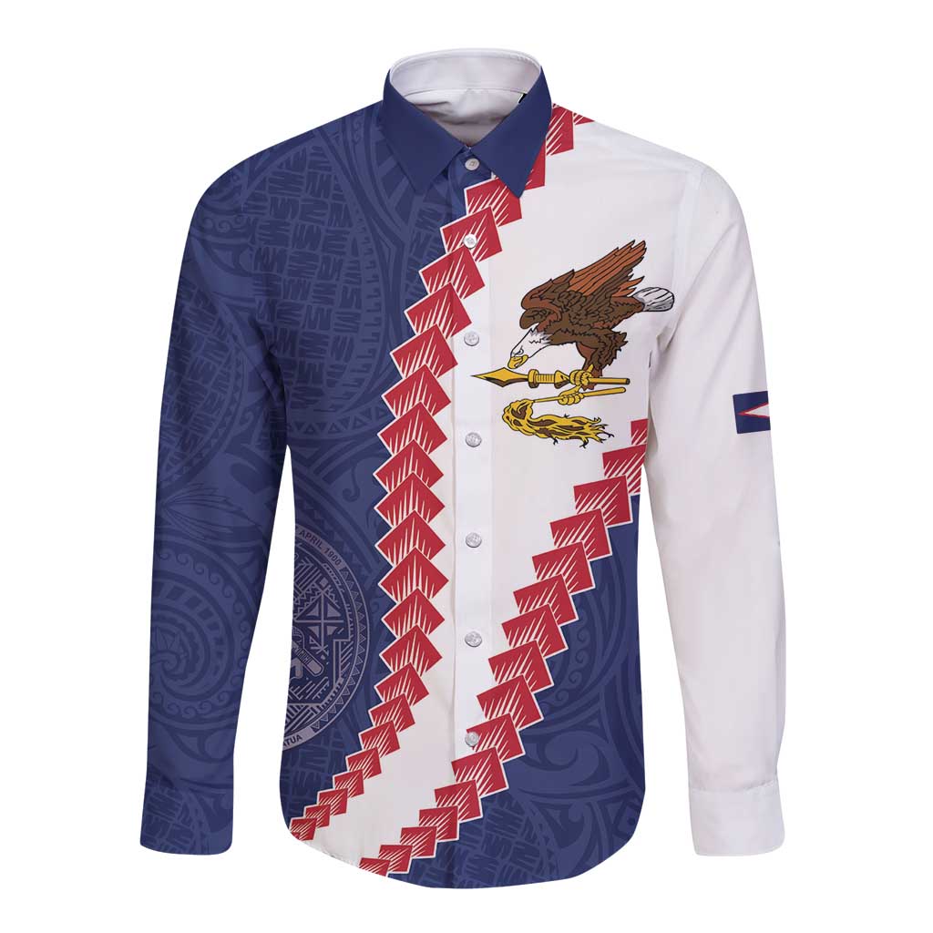 American Samoa Eagle Long Sleeve Button Shirt Polynesian Tribal Pattern Curve Style LT05 Unisex Blue - Polynesian Pride
