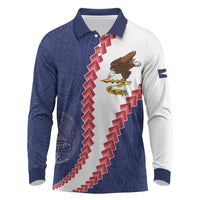 American Samoa Eagle Long Sleeve Polo Shirt Polynesian Tribal Pattern Curve Style LT05 Blue - Polynesian Pride