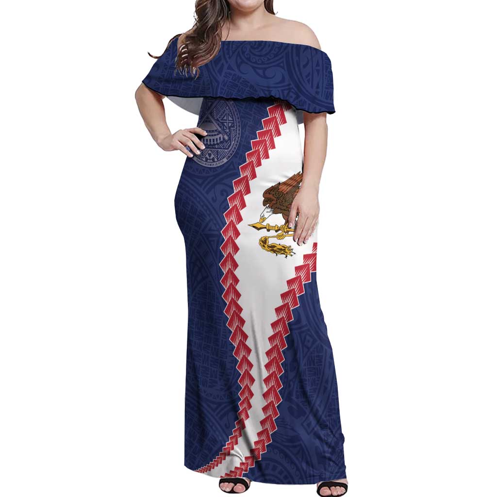 American Samoa Eagle Off Shoulder Maxi Dress Polynesian Tribal Pattern Curve Style LT05 Women Blue - Polynesian Pride