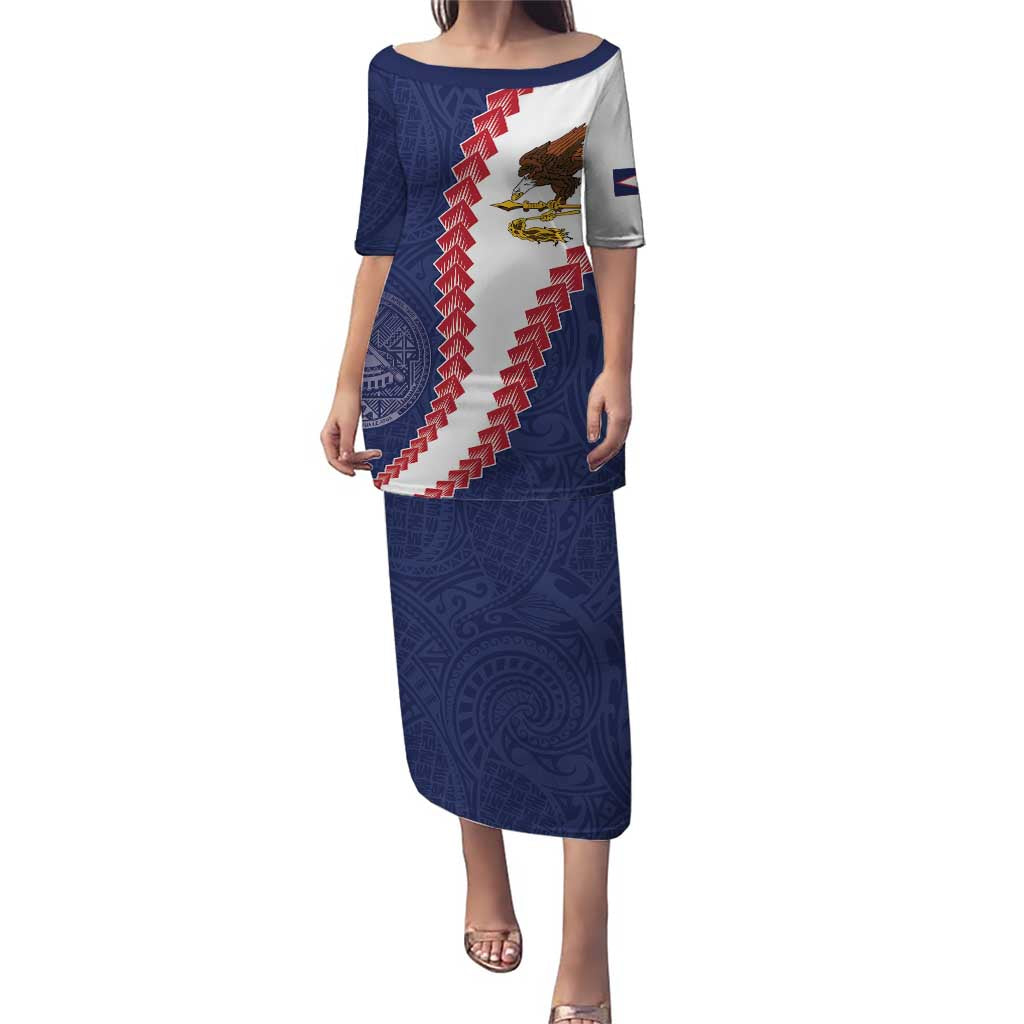 American Samoa Eagle Puletasi Polynesian Tribal Pattern Curve Style LT05 Long Dress Blue - Polynesian Pride