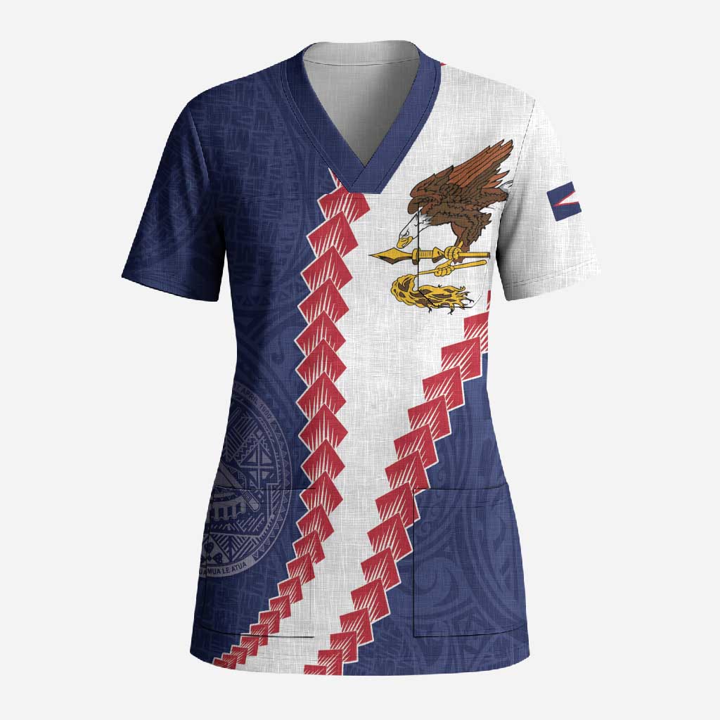 American Samoa Eagle Scrub Top Polynesian Tribal Pattern Curve Style LT05 Adult Blue - Polynesian Pride