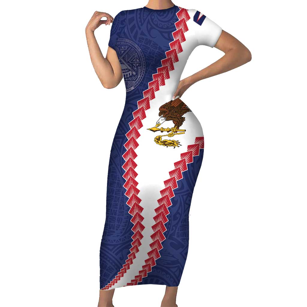 American Samoa Eagle Short Sleeve Bodycon Dress Polynesian Tribal Pattern Curve Style LT05 Long Dress Blue - Polynesian Pride
