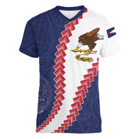 American Samoa Eagle Women V-Neck T-Shirt Polynesian Tribal Pattern Curve Style LT05 Female Blue - Polynesian Pride
