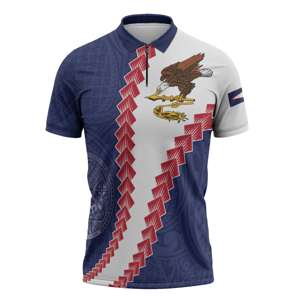 American Samoa Eagle Zipper Polo Shirt Polynesian Tribal Pattern Curve Style LT05 Blue - Polynesian Pride
