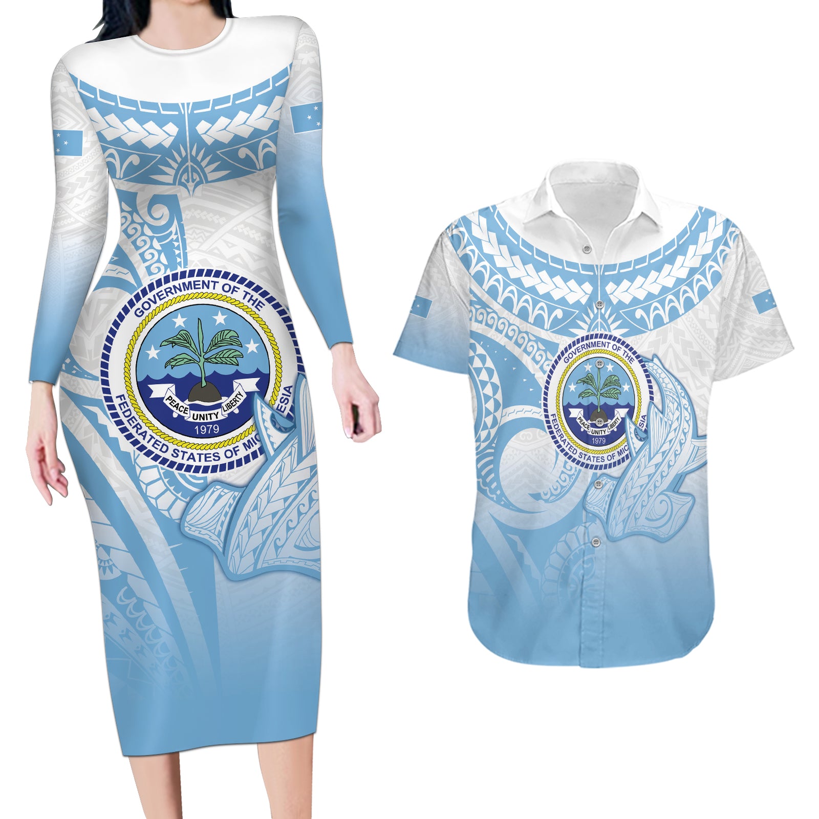 Micronesia Constitution Day Couples Matching Long Sleeve Bodycon Dress and Hawaiian Shirt Polynesian Tribal Tattoo Simple Style LT05 Blue - Polynesian Pride