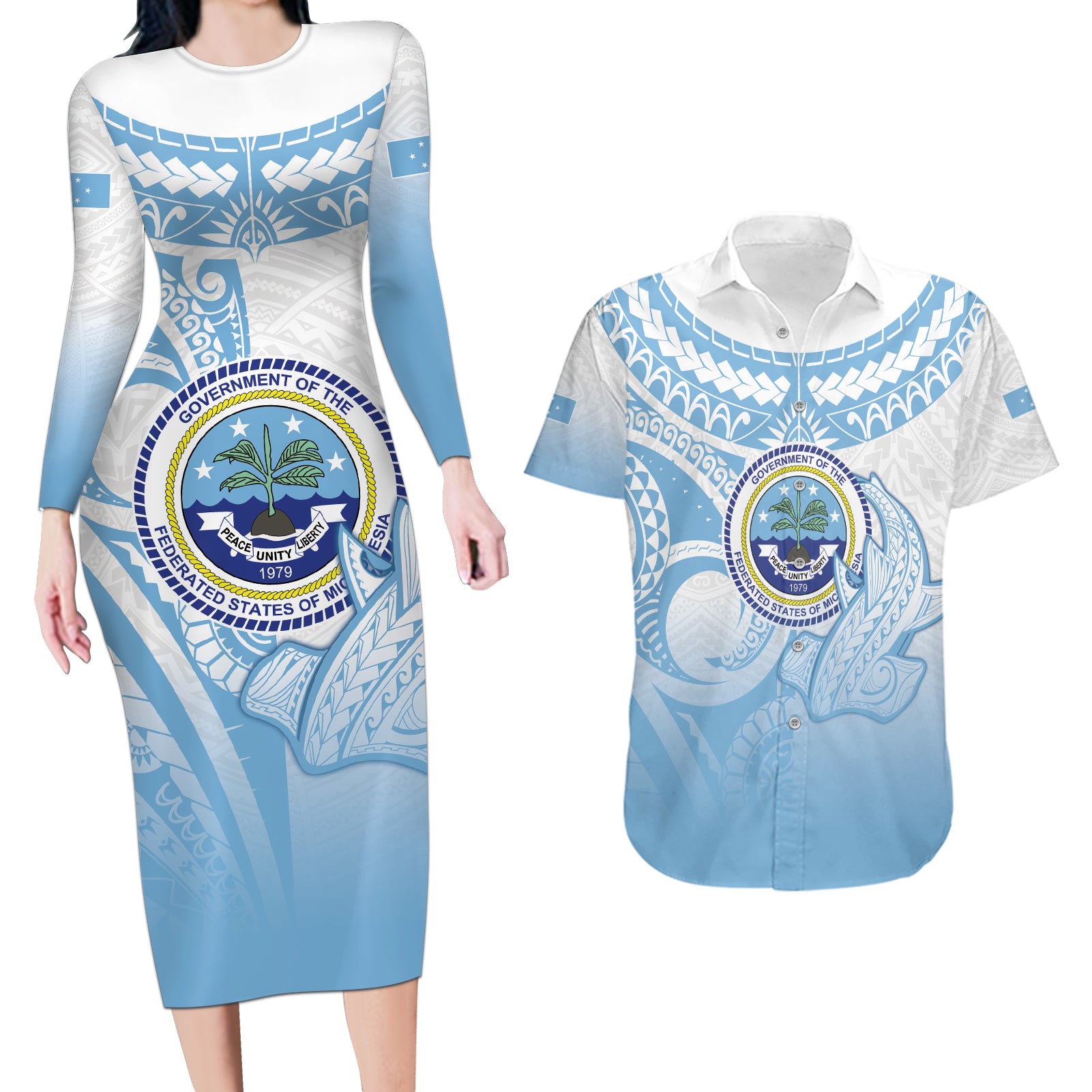 Micronesia Constitution Day Couples Matching Long Sleeve Bodycon Dress and Hawaiian Shirt Polynesian Tribal Tattoo Simple Style