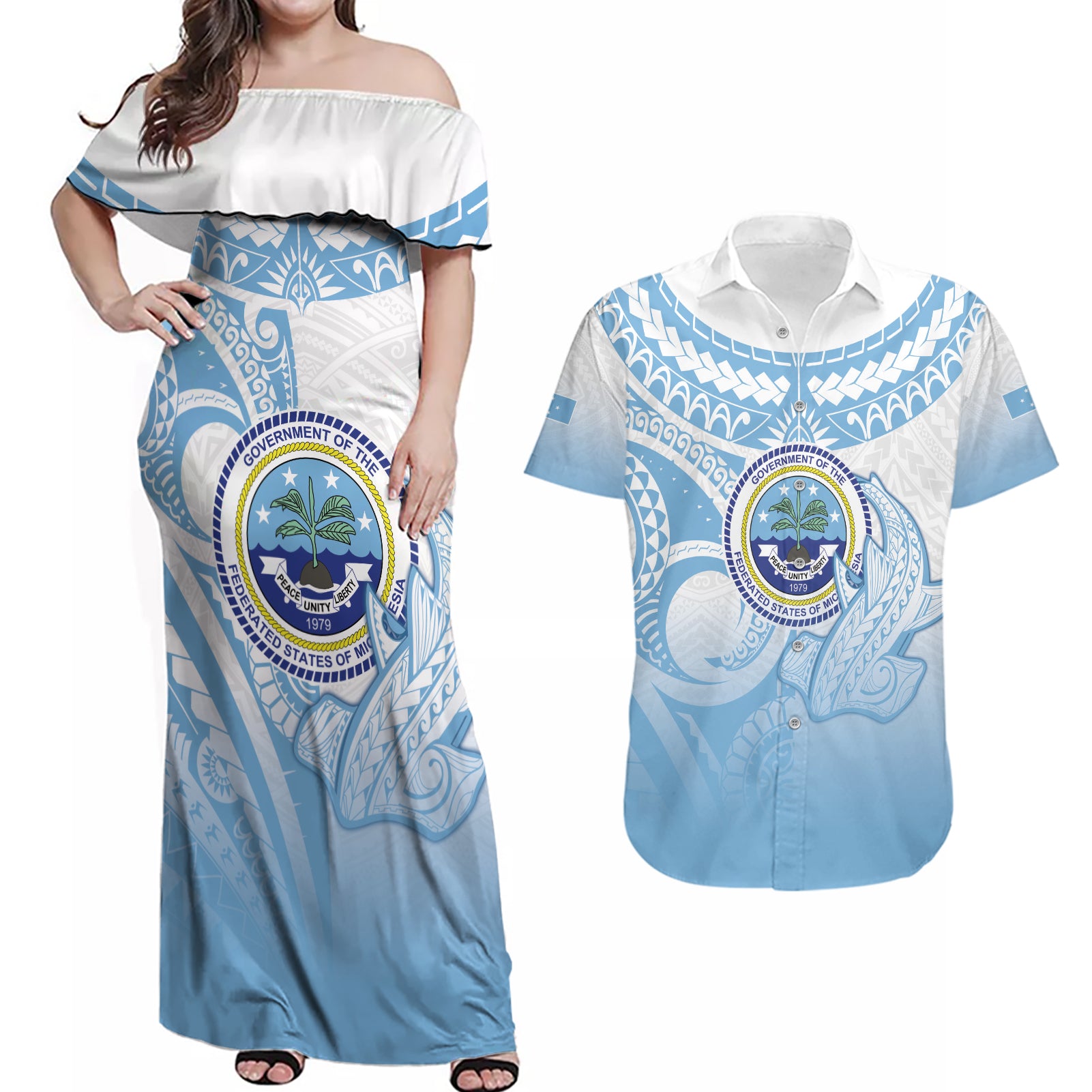 Micronesia Constitution Day Couples Matching Off Shoulder Maxi Dress and Hawaiian Shirt Polynesian Tribal Tattoo Simple Style