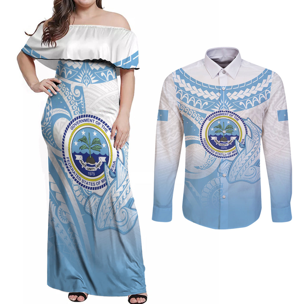 Micronesia Constitution Day Couples Matching Off Shoulder Maxi Dress and Long Sleeve Button Shirt Polynesian Tribal Tattoo Simple Style LT05 Blue - Polynesian Pride