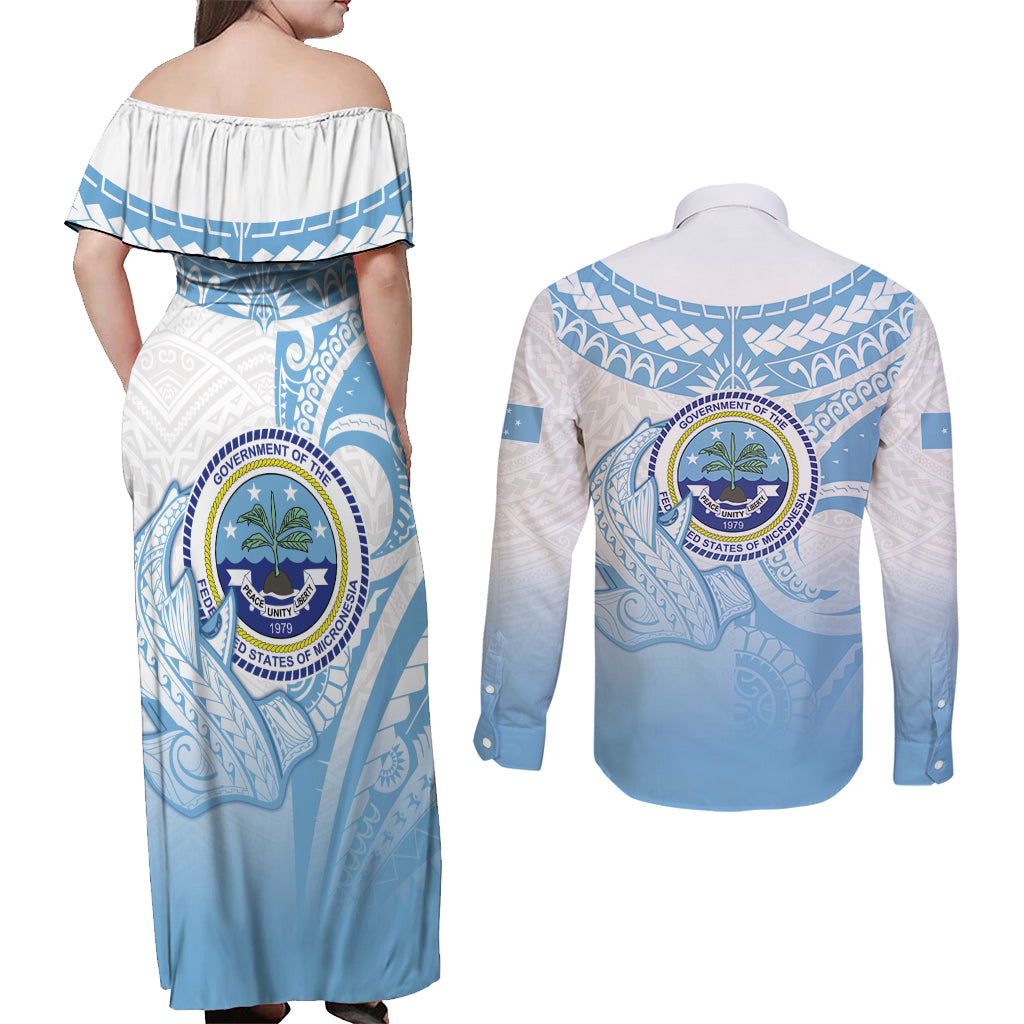 Micronesia Constitution Day Couples Matching Off Shoulder Maxi Dress and Long Sleeve Button Shirt Polynesian Tribal Tattoo Simple Style LT05 - Polynesian Pride
