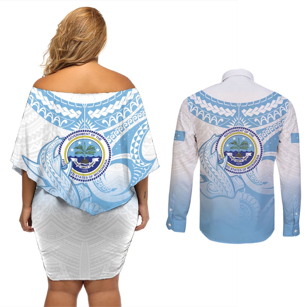 Micronesia Constitution Day Couples Matching Off Shoulder Short Dress and Long Sleeve Button Shirt Polynesian Tribal Tattoo Simple Style LT05 - Polynesian Pride