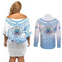 Micronesia Constitution Day Couples Matching Off Shoulder Short Dress and Long Sleeve Button Shirt Polynesian Tribal Tattoo Simple Style LT05 - Polynesian Pride