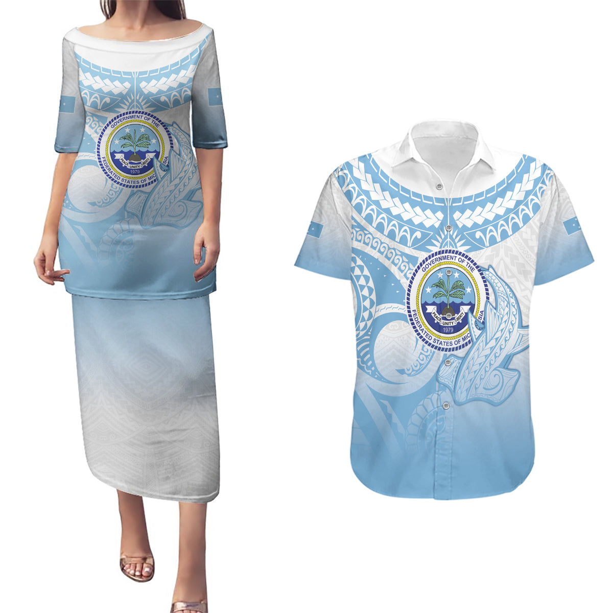 Micronesia Constitution Day Couples Matching Puletasi and Hawaiian Shirt Polynesian Tribal Tattoo Simple Style LT05 Blue - Polynesian Pride