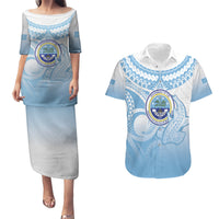 Micronesia Constitution Day Couples Matching Puletasi and Hawaiian Shirt Polynesian Tribal Tattoo Simple Style LT05 Blue - Polynesian Pride